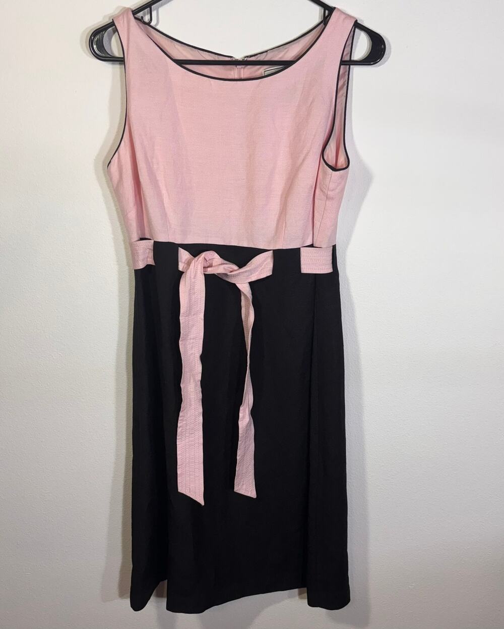Willow Glenn Pink Black Linen Dress Tie Waist Sleeveless Size 8 Classic